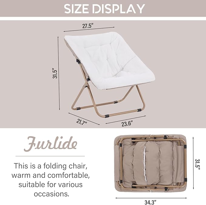 Saucer Chair, Comfy Bedroom Chairs, Oversized Folding Faux Fur Chair, Foldable Metal Frame Chair for Bedroom, Study, Playroom (White)