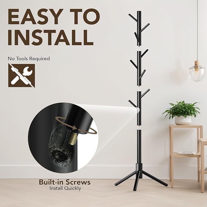 Wooden Tree Coat Rack Stand,Sturdy Freestanding Coat Rack with 8 Hooks,3 Adjustable Height for Child Adult,Wood Coat Stand Tree Fits Entryway Bedroom Office for Bags,Hats