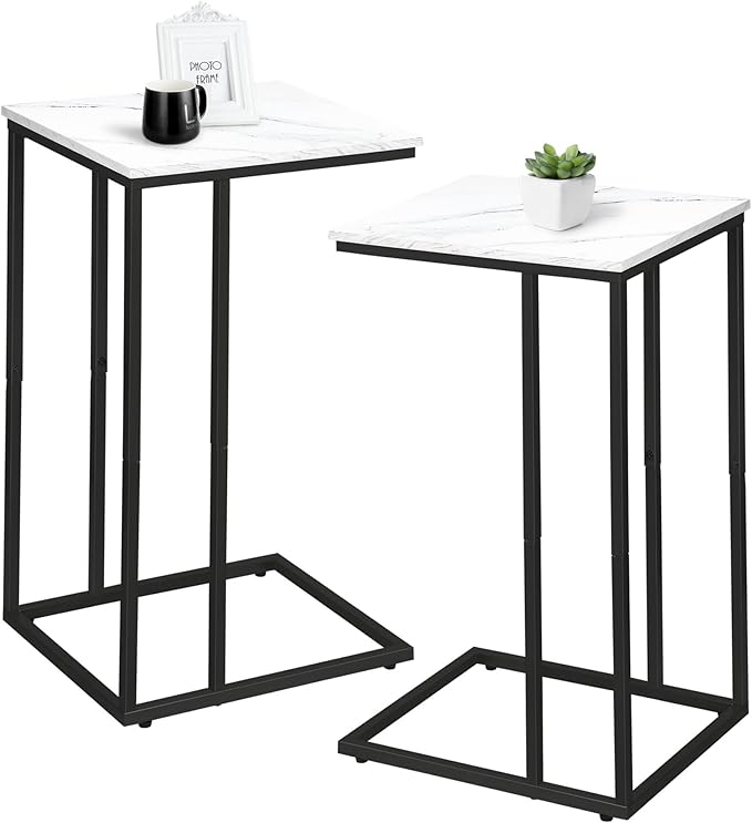 C Shaped Side Table Set of 2, Marble End Table for Sofa and Bed, Couch Table That Slide Under, Snack Side Table for Living Room, Bedroom or Small Spaces, White and Black