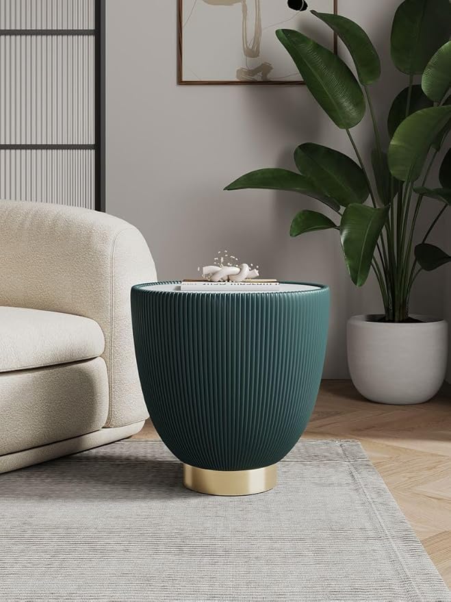 Manhattan Comfort Anderson Modern 18" Round End Table 2.0 | Ceramic Marble Tabletop, Elegant Pleated Leatherette Design & Gold Stainless Steel Base, Fully Assembled Accent Furniture, Set of 1, Green