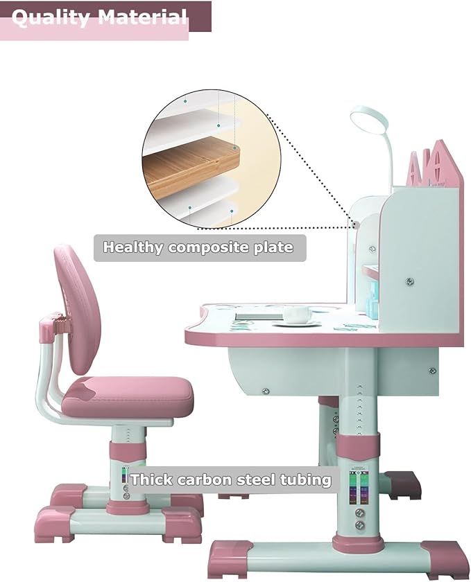 Kids' Table Chair Sets, Kids' Desks Chair, Children Study Desk Writing Table Computer Workstation With Large Storage Drawer And Bookshelf, Height Adjustable Kids Bedroom Furniture ( Color : Pink )