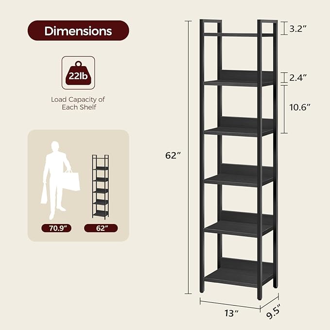 Bookshelf, 6-Tier Bookcase, Standing Book Shelf for Small Space, Storage Shelf Organizer, for Living Room, Bedroom, Study, Balcony, Black BKHB6601