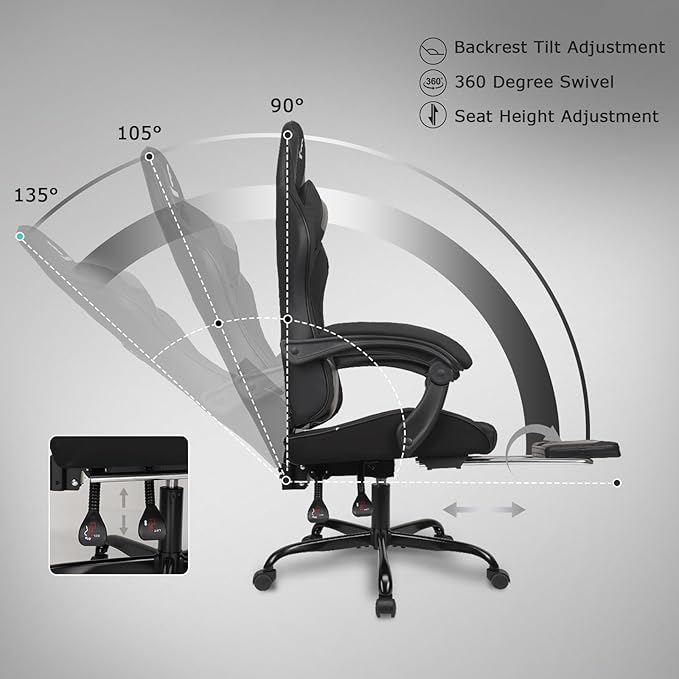 Gaming Chair with Linkage Armrest & Footrest, High Back Video Gaming Chair, Black/Grey