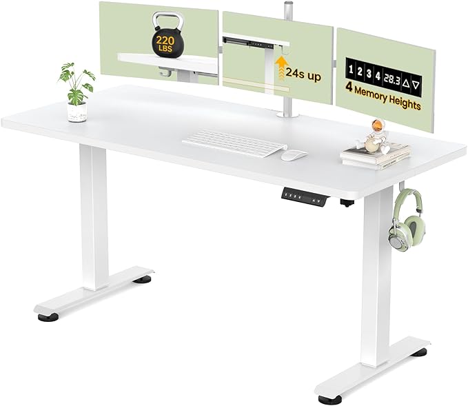 Veken 55 Inch Large Electric Standing Desk, 4 Memory Heights Adjustable,Sit to Stand Up, Work Home Office Computer Table for Study, Walking Pad, Writing, and Games, Wooden Desktop Desks, White
