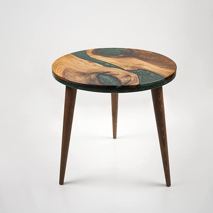 20" Resin Walnut Round Side Table | Epoxy End Table | Coffee Table | Mid Century Modern Resin Walnut | Living Room Furniture | Green Color