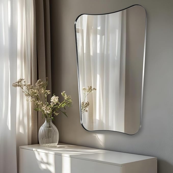 ANDY STAR Brushed Nickel Mirror, 24x32 Inch Bathroom Scalloped Mirror, Anti-Rust Stainless Steel Metal 1’’ Frame, Unique Frame Design Ideal for Bathroom, Entryway, Powder Room