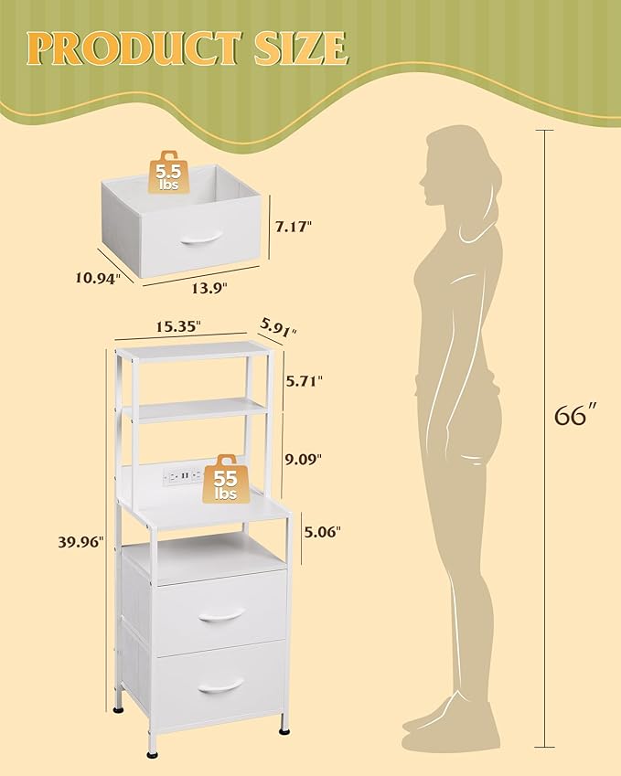 WLIVE Nightstand Set of 2 with Charging Station, LED Night Stands with 2 Fabric Drawers and 4 Storage Open Shelves, Bedside Table Sets for Bedroom, White