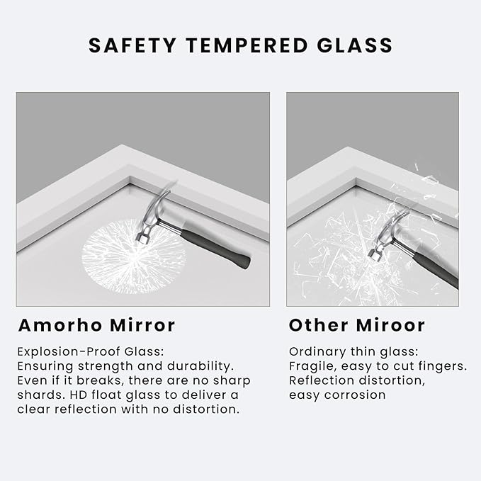 Amorho Bathroom Mirror, 60X28 Inch White Thick Metal Framed Wall Mirrors for Over 2 Sinks, Bedroom, Living Room, Entryway, Large Rectangle Wall-Mounted Mirrors.