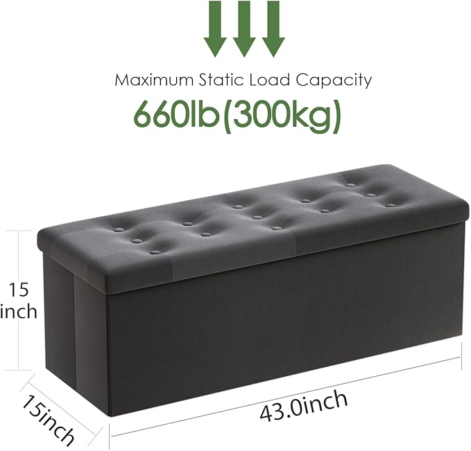 PRANDOM Jumbo Ottoman with Storage [1-Pack] Velvet Folding Small Square Foot Stool with Lid for Living Room Bedroom Coffee Table Dorm Dark Grey 43x15x15 inches