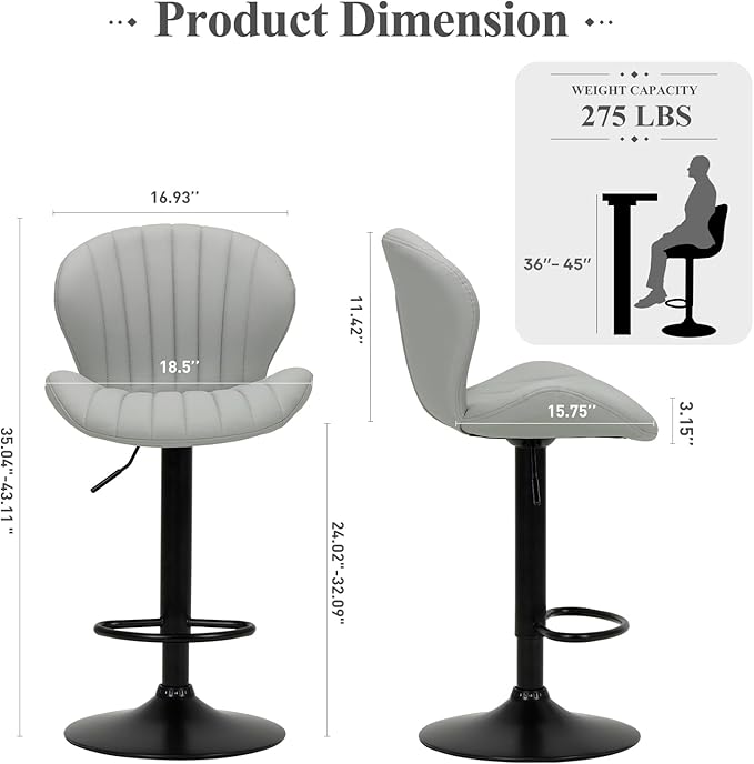 COLAMY Bar Stools Set of 2, Modern Swivel Bar Chairs, Adjustable Faux Leather Upholstered Barstools Counter Height with High Backrest for Bar, Kitchen Island, Dining Room, Grey