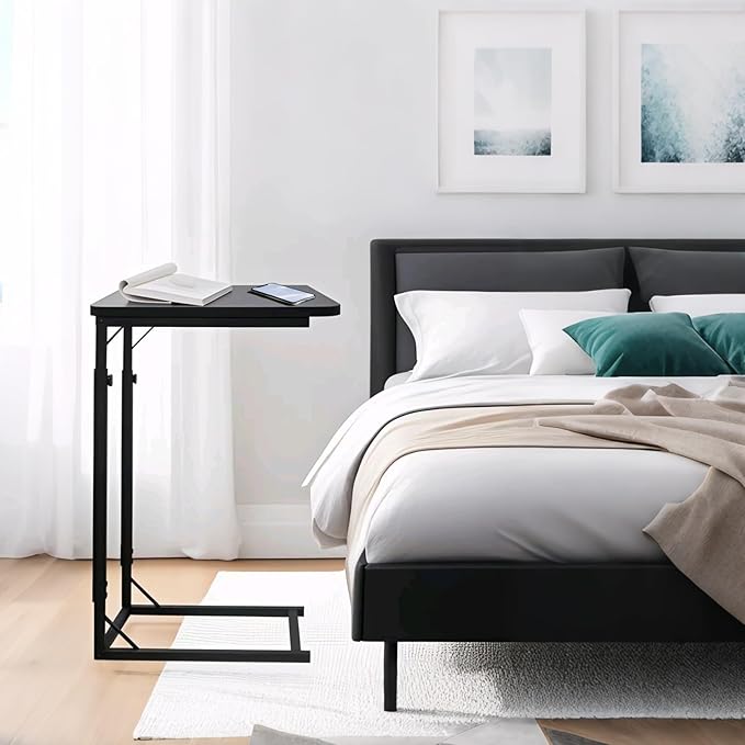 Premium Adjustable C Shaped End Table, Mini Side Tables for Couch and Sofa, Small Coffee Table with Metal Frame, Beautiful and Practical Sidekick for Your Living Room, Bedroom, Bedside, Rustic Black