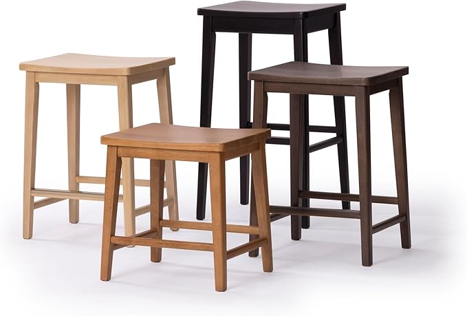 Plank+Beam Smythe Bar Stool, 30", Set of 2, Sturdy Wood Modern Kitchen Counter Height Stool, Saddle Seat Backless Counter Chair, Metal Footrest, Walnut