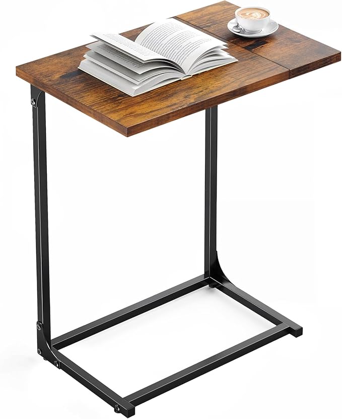 Pipishell C-Shaped Side Table, C-Table for Sofa, End Table with Metal Frame, Large Surface Couch Table for Living Room, Bedroom, and Home Office, Rustic Design, PIET11V