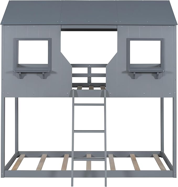 Ball & Cast Twin Over Twin Size Playhouse Bunk Bed with Roof and Window,Wood Bunkbed w/Full-Length Guard Rail & Ladder,Slat Support,Space Saving,Bedroom Furniture for Student Dorms,Gray