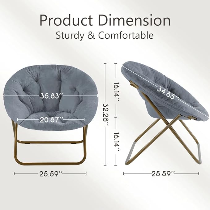 Comfortable Cozy Faux Fur Disc Chair Foldable Feature for Bedroom, Living Room and Dorm, Adult-Sized Relaxation, Grey