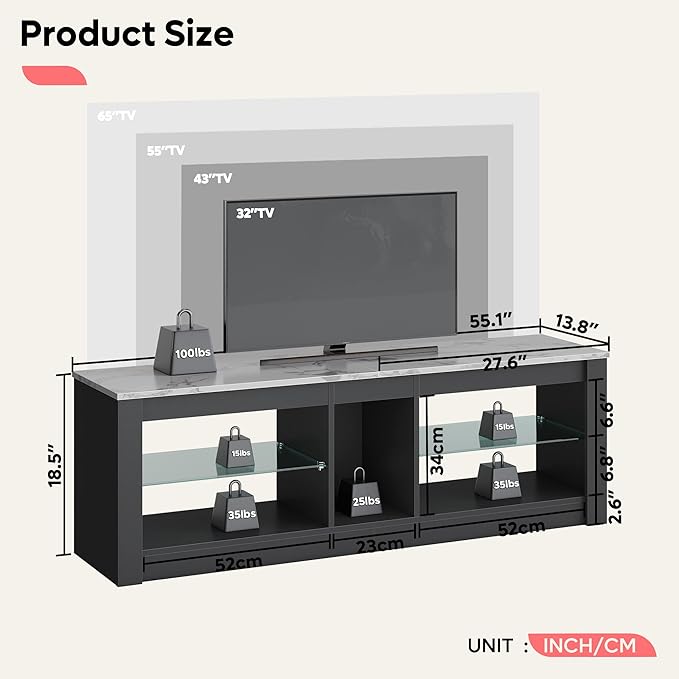 Bestier White Marble TV Stand LED Entertainment Center Gaming TV Stand for 55 Inch TV RGB Television Stand with 2 Adjustable Glass Shelves Xbox PS4 Game Console Cabinet for Living Room