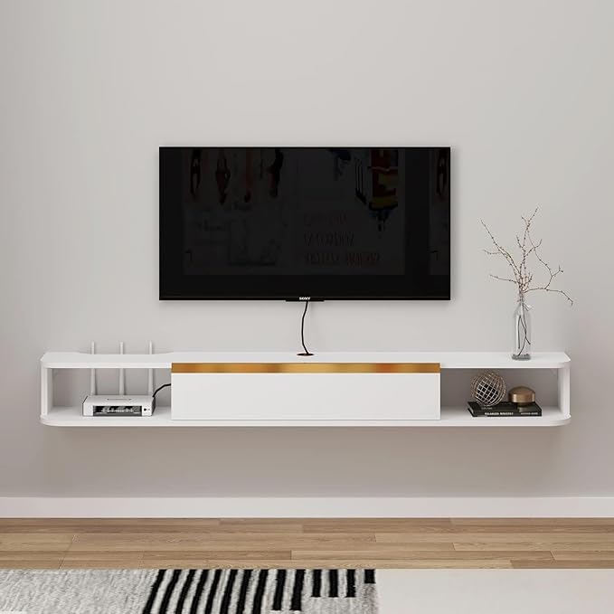 Floating TV Stand, 95'' Wall Mounted Entertainment Center TV Media Console, Floating Shelves with Door, Floating TV Cabinet Large Storage TV Bench for Living Room (White, 94.49IN)