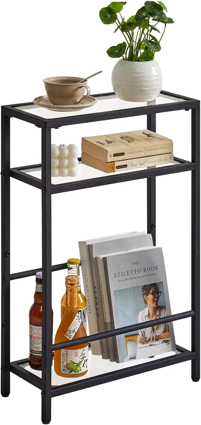 IBUYKE Narrow Side Table with Storage Shelf, 3 Tier Slim End Table,Modern Sofa Table, Small Nightstand, Telephone Table for Small Spaces,for Living Room, Bedroom, Black UTMZ002B