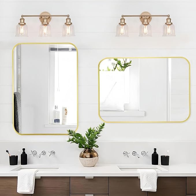 Matte Gold Mirror, 20x30 Inch Brushed Gold Mirror, Aluminum Alloy Framed Vanity Mirror, Rounded Rectangle Bathroom Mirror for Over Sink, Anti-Rust Wall Mirror (Horizontally or Vertically)