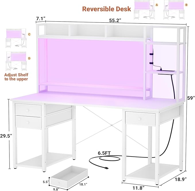 Aheaplus LED Gaming Desk with Hutch, 55.2" Workstation - White