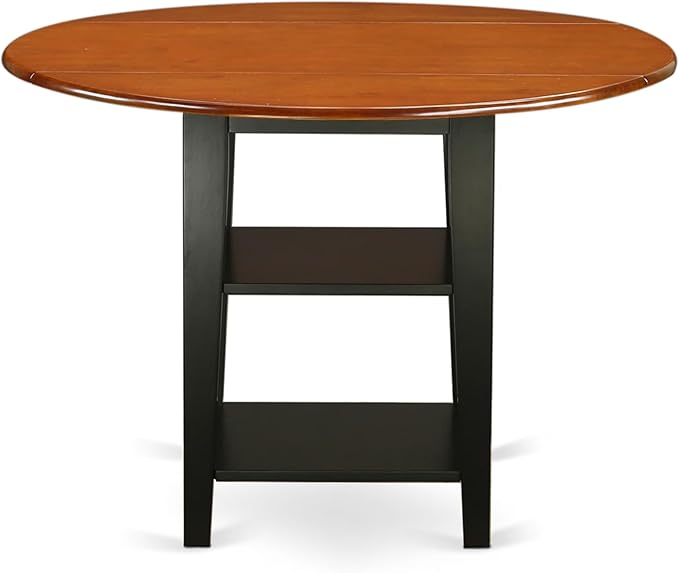 East West Furniture SUAN5-BCH-C 5 Piece Kitchen Table & Chairs Set Includes a Round Dining Table with Dropleaf & Shelves and 4 Linen Fabric Dining Room Chairs, 42x42 Inch, Black & Cherry