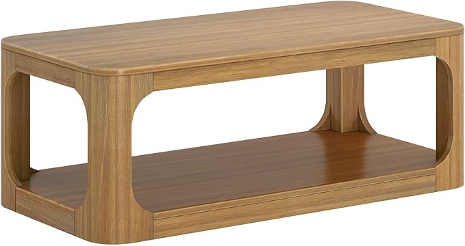 Plank+Beam Forma Coffee Table, Solid Wood 48 Inch Modern Coffee Table with Shelf, Contemporary Center Table with Storage Space, Rectangle Tea Table with Storage, Pecan