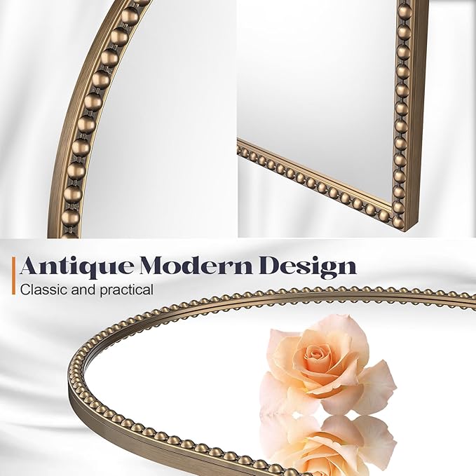 Beaded Arched Mirror for Wall, 24"x38" Gold Arch Bathroom Vanity Mirror, Retro Brass Metal Frame Decorative Mirror for Bedroom Dressing Room Entryway Fireplace