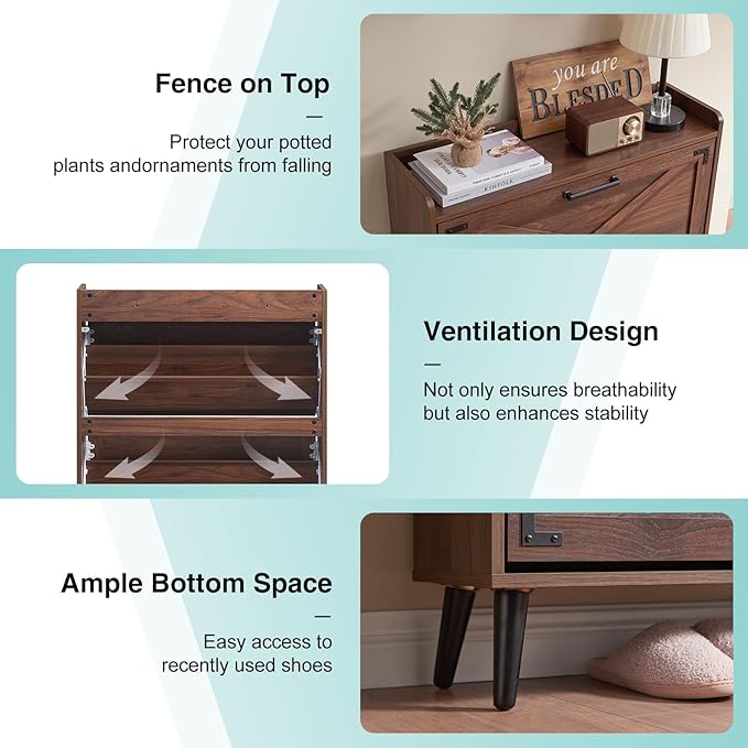 Shoe Storage Cabinet,Farmhouse Shoe Organizer with 2 Flip Drawers & Barn Door Design,Freestanding Hidden Slim Narrow Shoe Rack Cabinet for Entryway,Foyer,Hallway,Walnut