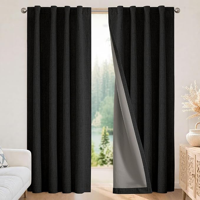 Joydeco 100% Blackout Curtains for Bedroom - Natural Linen Curtains 70"W x 108"L Long, Thermal Insulated 1 Panels Black Light Blocking Drapes, Rod Pocket & Back Tabs, Darkening Privacy for Living Room