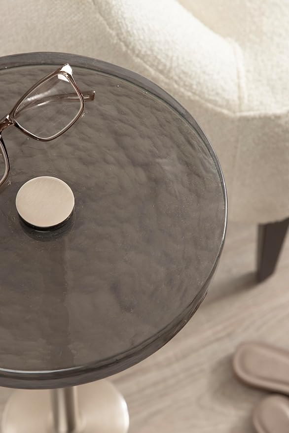 Kate and Laurel Xyler Modern Round Metal and Glass Drink Table, 10 x 10 x 24, Gray Glass and Silver, Decorative Plant Pedestal Table for Use as Indoor Plant Stand or Small Bathtub Table