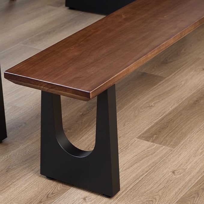 Walnut Color Long Bench Solid Wood Top Metal Legs U-Shaped Design Durable Sturdy Dining Bench Ideal for Office Home Restaurant Patio Multiple (Bench, 55.12in)