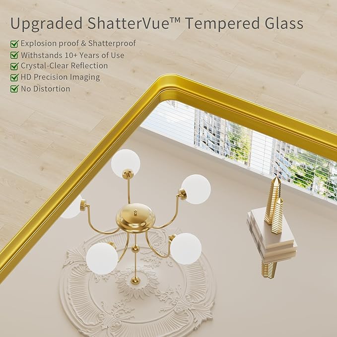 Koonmi Gold Wall Mirror for Bathroom, 24x36 Inch Matte Deep Framed Rounded Rectangle Vanity Mirror for Farmhouse Living Room, Tempered Glass, Anti-Rust, Vertically or Horizontally