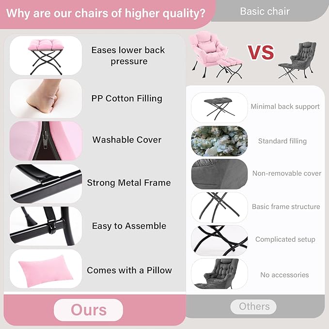 Lazy Chair with Ottoman, Modern Lounge Chair with Lumbar Pillow, Accent Cozy Reading Armchair and Folding Footstool for Bedroom, Dorm, Living Room,Pink