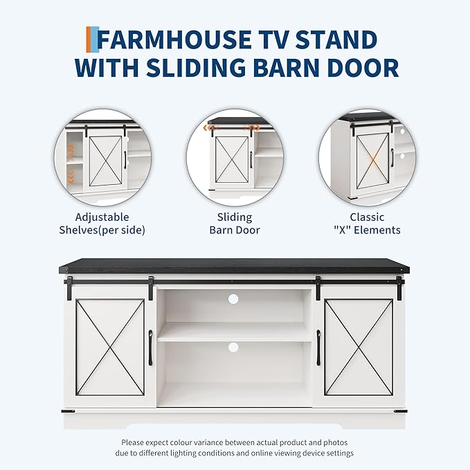 CABIHOME Farmhouse TV Stand and Entertainment Center for TV Up to 65 Inches with Sliding Barn Doors and Adjustable Shelf, TV Media Storage Console Table and Furniture for Living Room, Bedroom, White