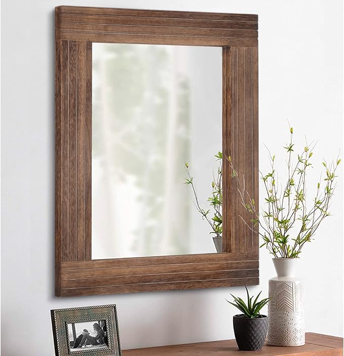 Wood Mirror Rectangular Framed Rustic Vintage Mirrors Decor Farmhouse Bedroom Bathroom Mirror for Dressing Table Entrance Small 16"x12" Brown