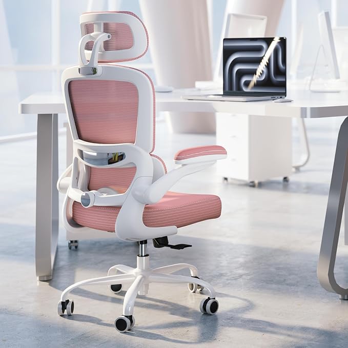 TRALT Ergonomic Office Chair - Desk Chair with Adjustable Headrest Lumbar Support Computer Chair - Mesh Comfy Chair with Flip-up Armrests - Gaming Chairs for Adults Home Office (Leather, Pink)