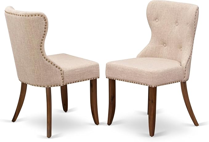 NKSI9-AWA-04 9-Piece Dining Table Set Consists of a Dining Table and 8 Light Tan Linen Fabric Kitchen Chairs with Button Tufted Back - Antique Walnut Finish