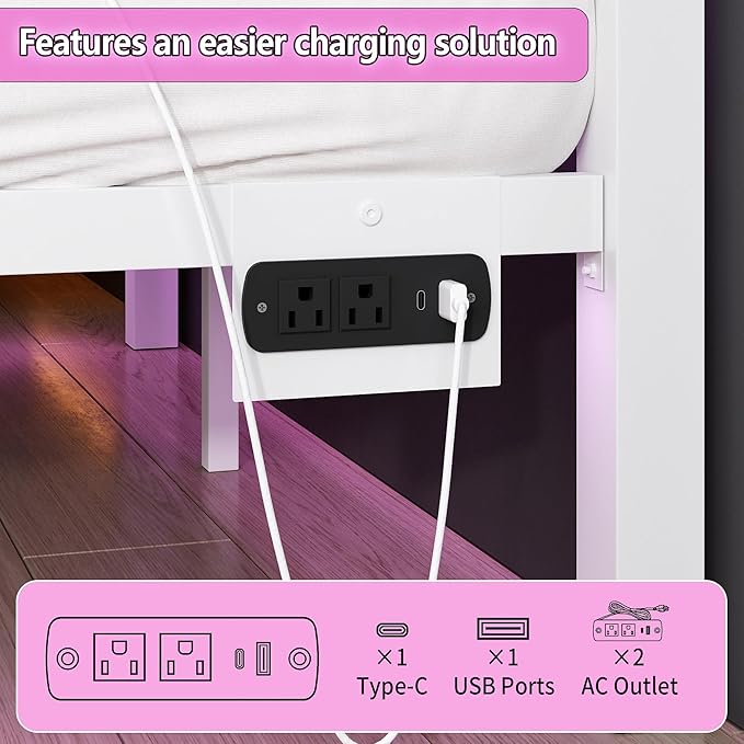 Twin Bed Frame with Headboard and Footboard,Steel Slats Support-LED Bed Frame with USB Charging Station,Mattress Foundation-Under Bed Storage,No Box Spring Needed,Noise Free,White