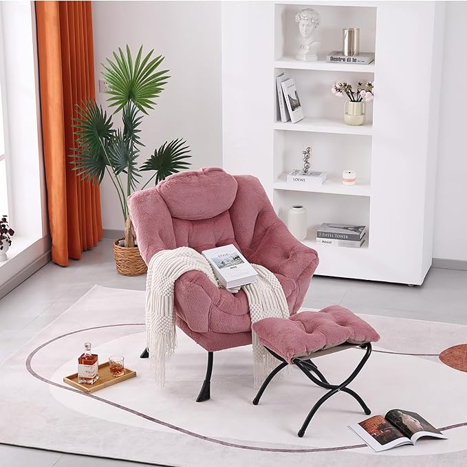 Lazy Chair with Ottoman, Modern Accent Chair Contemporary Lounge Leisure Sofa Chair with Armrests, Reading Chair and Folding Footstool Set for Living Room, Bedroom, Office