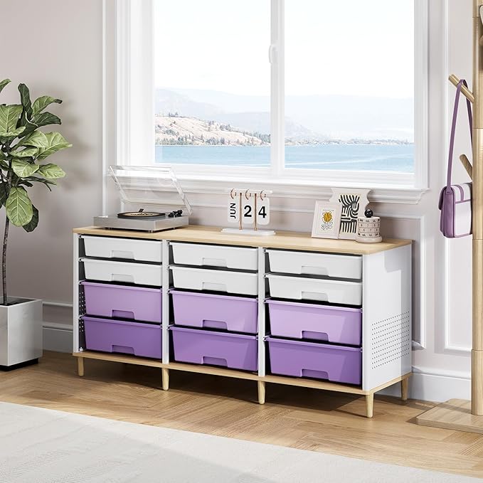 12-Drawer Storage Cabinet with Wooden Tabletop, Versatile Cube Storage Organizer Bin Storage for Home, Office, Playroom, Classroom & Craft Room Storage (Gradient Purple)