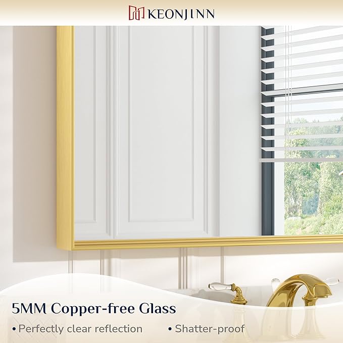Keonjinn Gold Bathroom Mirrors 48” x 40” Rectangle Wall Vanity Mirror Large Metal Framed Brushed Gold Mirrors Square Corner Farmhouse Mirror for Over Sink(Horizontal/Vertical)