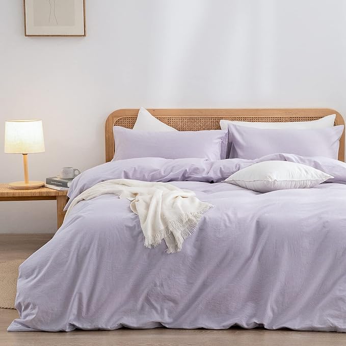 BESTOUCH Duvet Cover Set 100% Washed Cotton Linen Feel Super Soft Comfortable Chic Lightweight 3 PCs Home Bedding Set Solid Taro Purple Queen