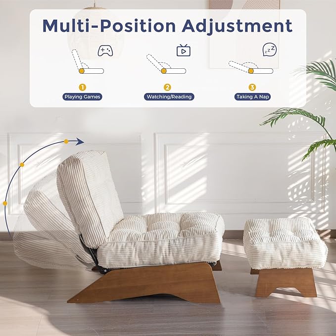 MAXYOYO Accent Chair with Ottoman Adjustable Backrest, Tufted Living Room Chair Upholstered Lounge Chair with Footrest Set, Modern Chair Cozy Reclining Chair for Reading Room, Beige