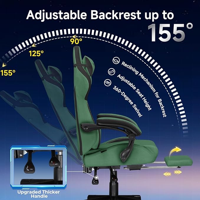 GTPLAYER Gaming Chair, Video Game Chairs with Footrest and Lumbar Support, Computer Chair for Adults with Extended Backrest, Ergonomic Reclining Silla Gamer, Fabric, Green