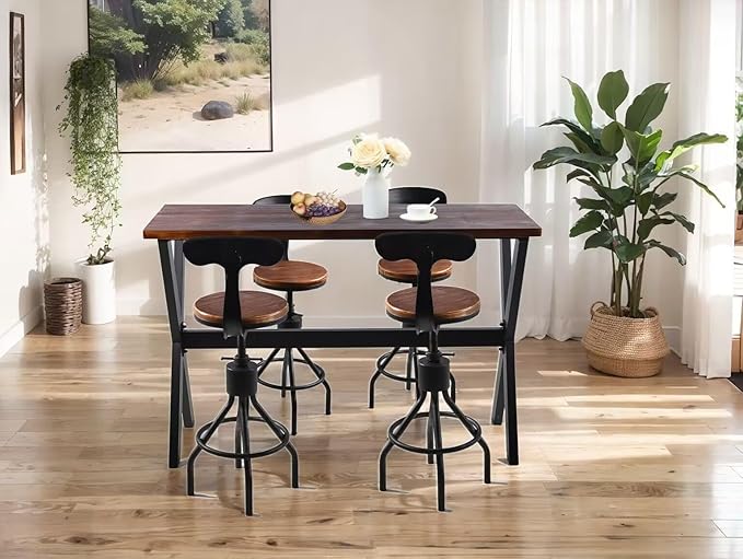 Bar Table, 63"L×41.33"H Bar Height Pub Table High Top Rectangular Sofa Console Table Kitchen Dining Coffee Table, for Narrow Space, Living Room, Indoor, Rustic Brown Wood, Industrial Black Metal