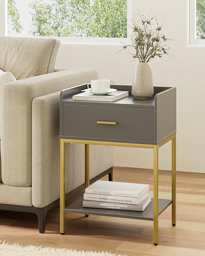Nightstand,3-Tier Modern Night Stand,Bedside Table with Storage Drawer and Shelf,Small Side Table for Bedroom,Living Room,Gray