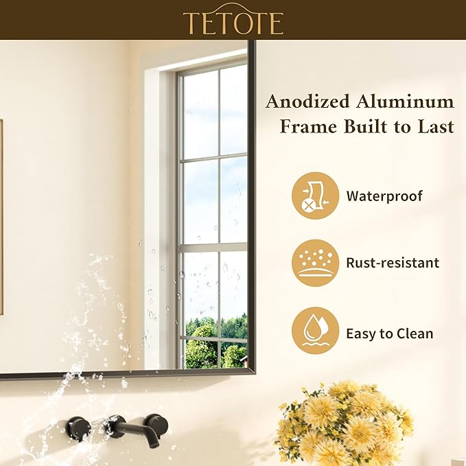 TETOTE Black Framed Mirror for Bathroom Vanity 40" x 30" Matte Black Rectangle Beveled Frame Wall Mirror for Over Sink, Tempered Glass, Modern Farmhouse Bedroom, Entryway, Living Room
