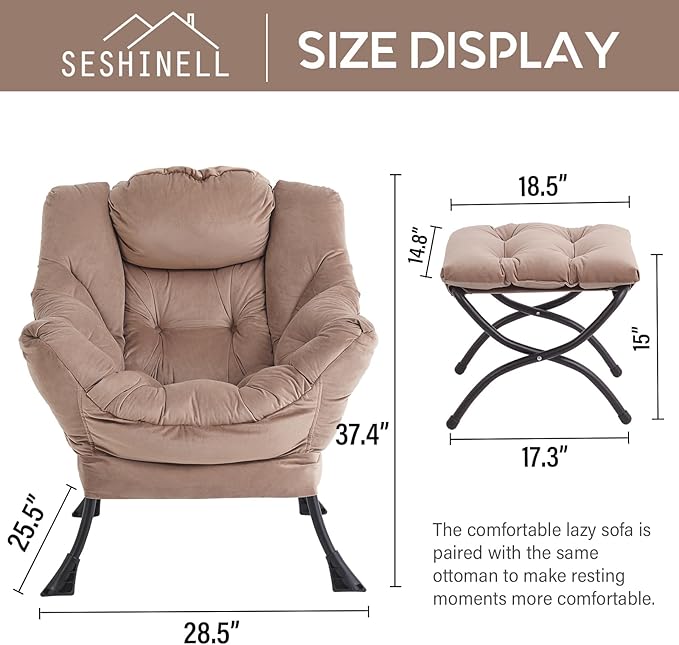 Lazy Chair with Ottoman, Modern Accent Chair Contemporary Lounge Leisure Sofa Chair with Armrests, Reading Chair and Folding Footstool Set for Living Room, Bedroom, Office, Khaki