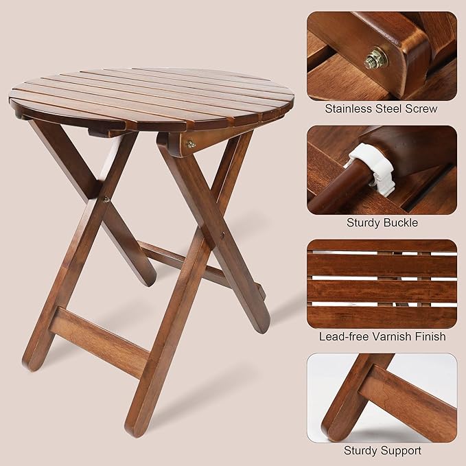 Outdoor Patio Side Table Set of 2 Small Folding Wood Round End Table Coffee Furniture for Living Room, Bedroom, Plant Stand, Camping Portable Brown