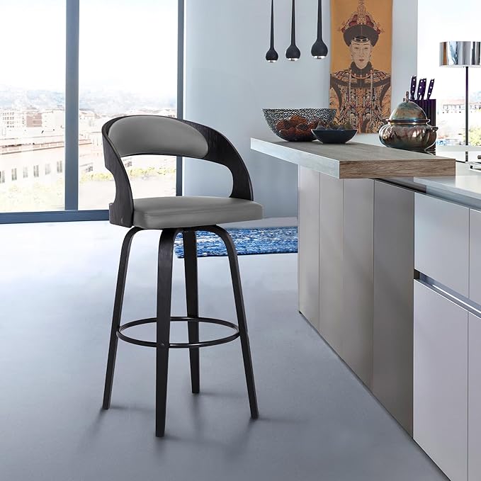 Armen Living Shelly 30" Bar Height Swivel Gray Faux Leather and Black Wood Bar Stool - Set of 3
